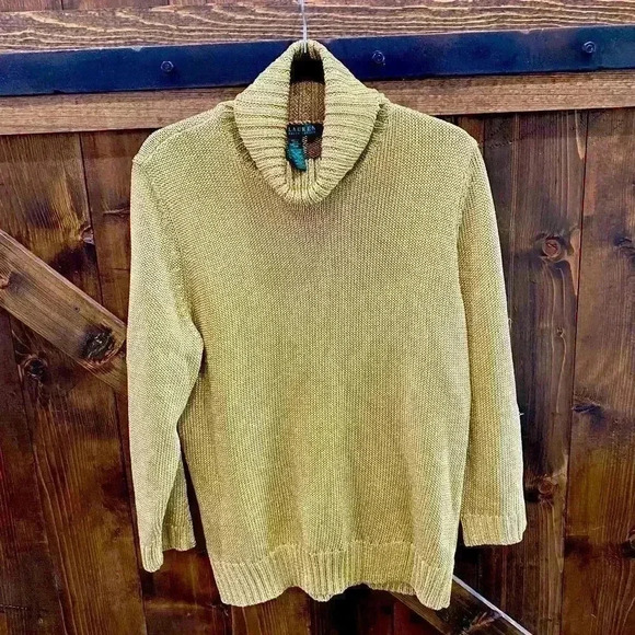 Ralph Lauren Gold Foiled Metallic Knitted Turtleneck Sweater Sz XL - Picture 1 of 9